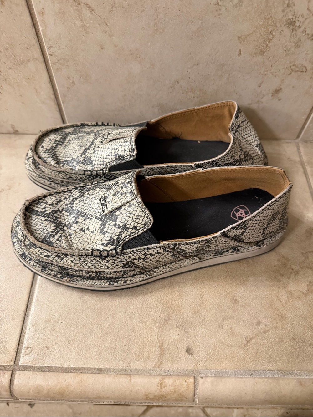 Ariat Snakeskin-Print Slip-On Loafers in Black and Cream